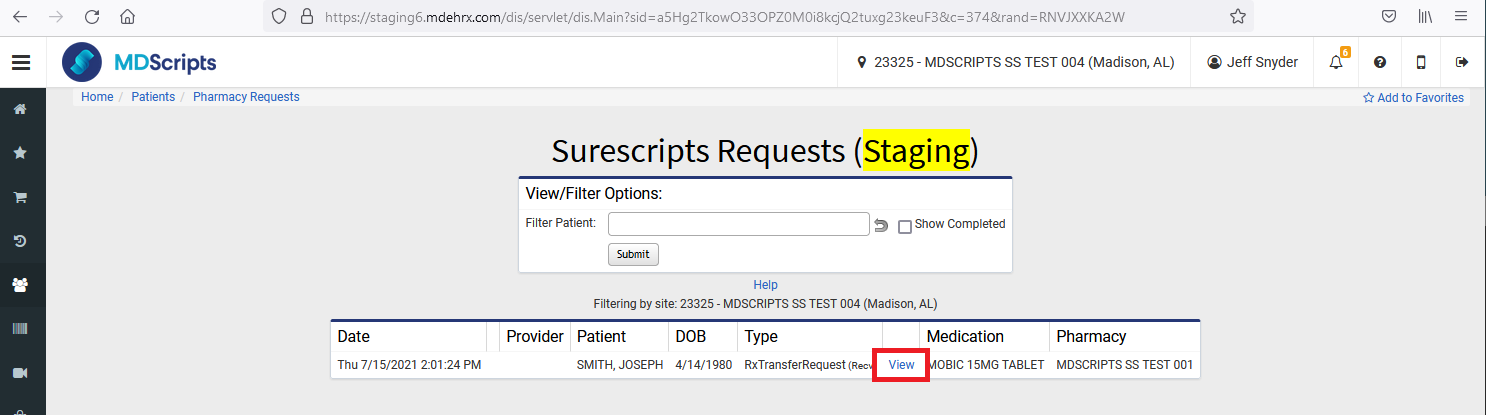 From the Surescripts Requests screen, select
