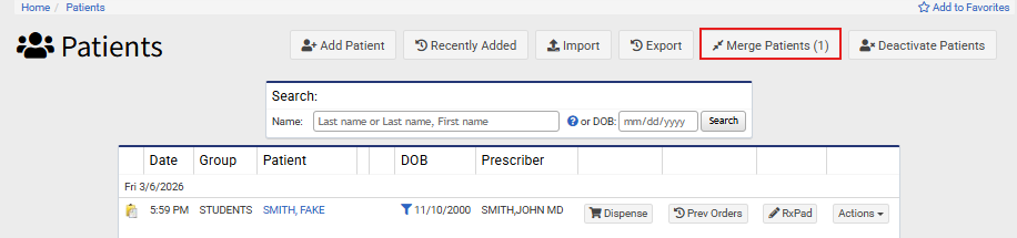 1. Navigate to Patients > View Patients > Merge Patients