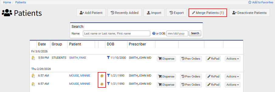 A yellow warning icon will appear next to the patient name in the ...